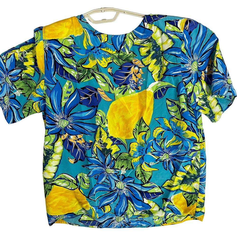 Vintage DAHAN Top Size M Blue Yellow 100% Silk Bold Tropical Floral ResortWear